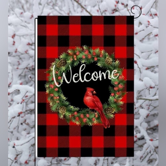 Winter Yard Garden Flag Cardinal Buffalo Check Plaid Wreath Welcome Lawn Flag - Picture 5 of 12